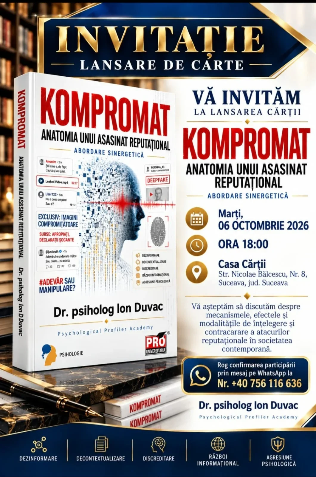 „Kompromat – Anatomia unui asasinat reputațional”, noul volum semnat de psihologul Ion Duvac