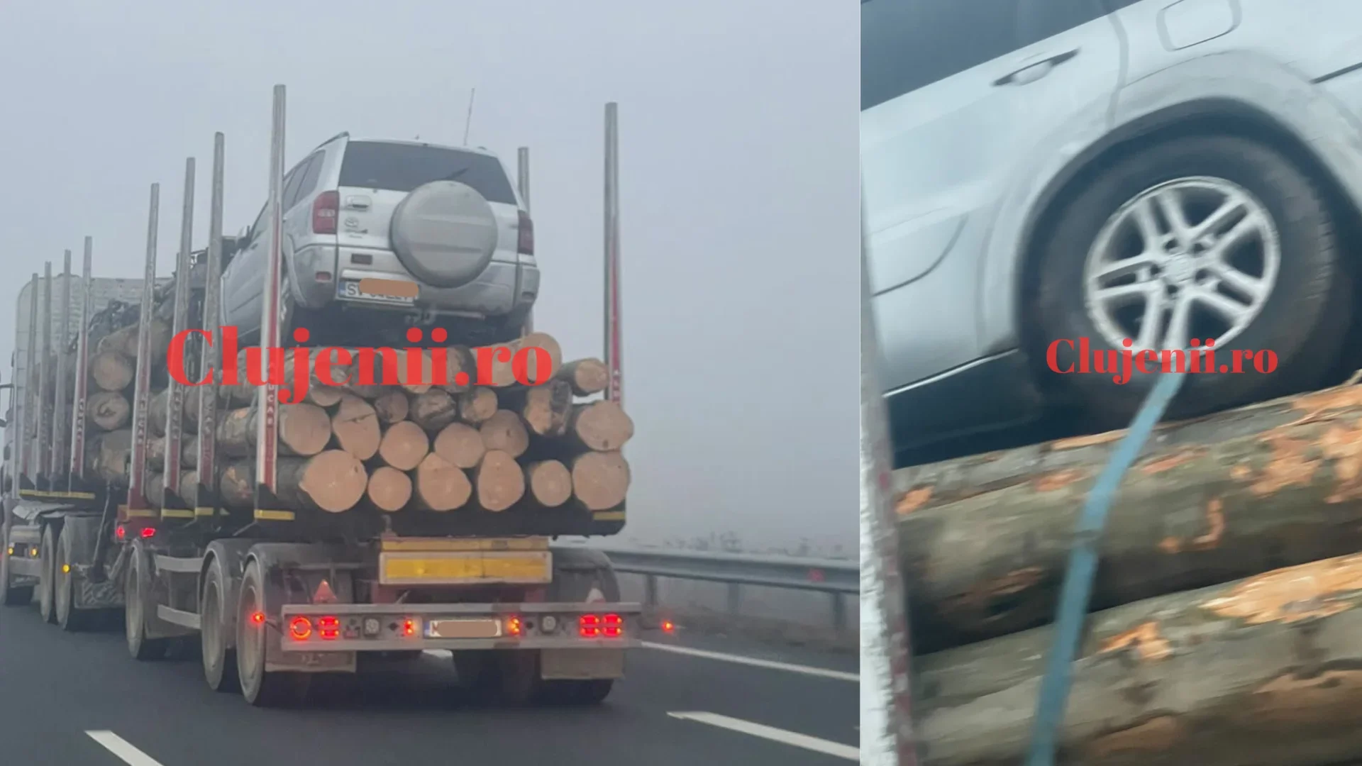 Autoturism cu numere de Suceava, transportat deasupra încărcăturii de lemne a unui camion